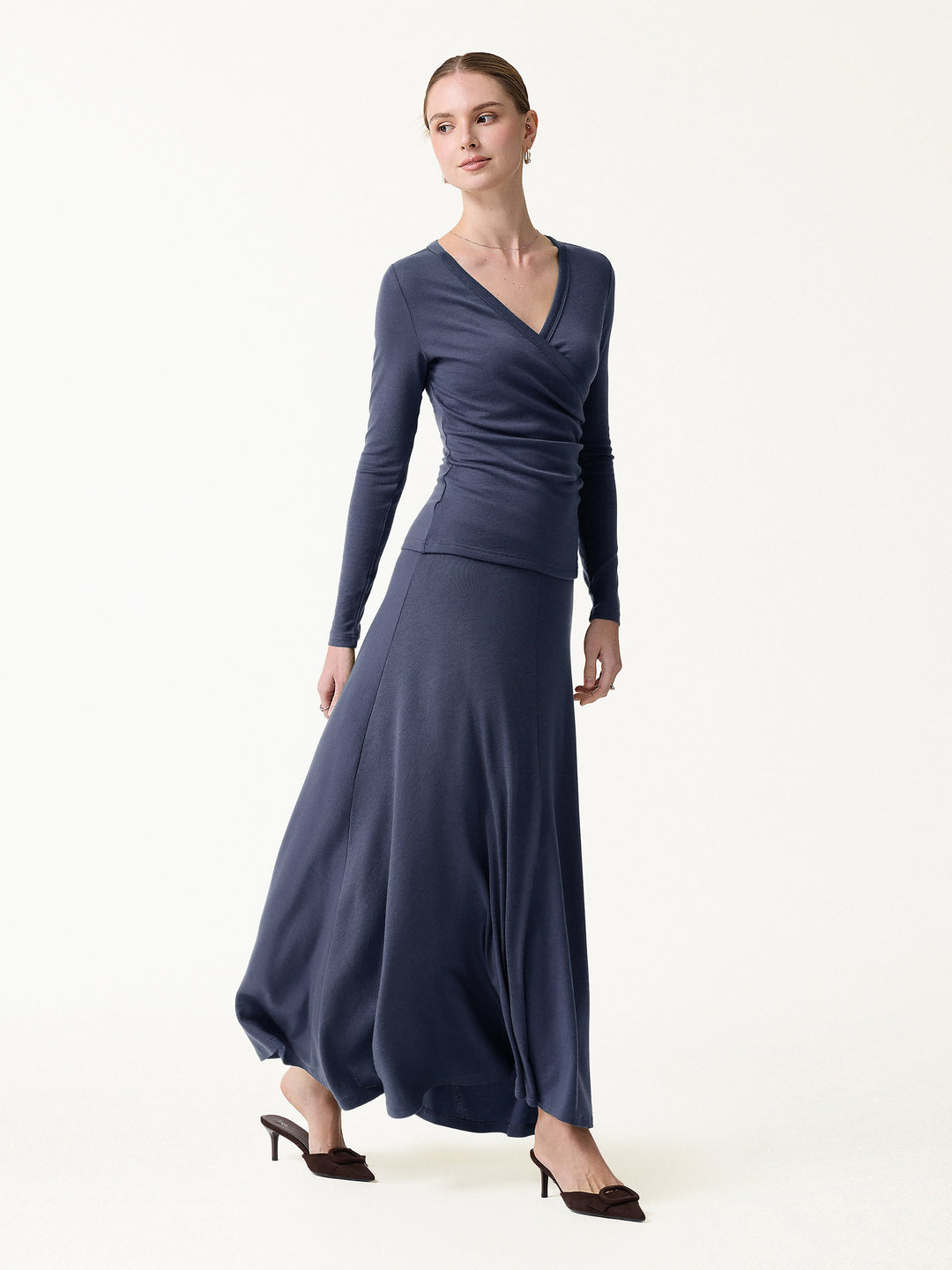 2Pcs Set LiteWarm Surplice Ruched Top & Blend Mid-Rise Umbrella Maxi Skirt