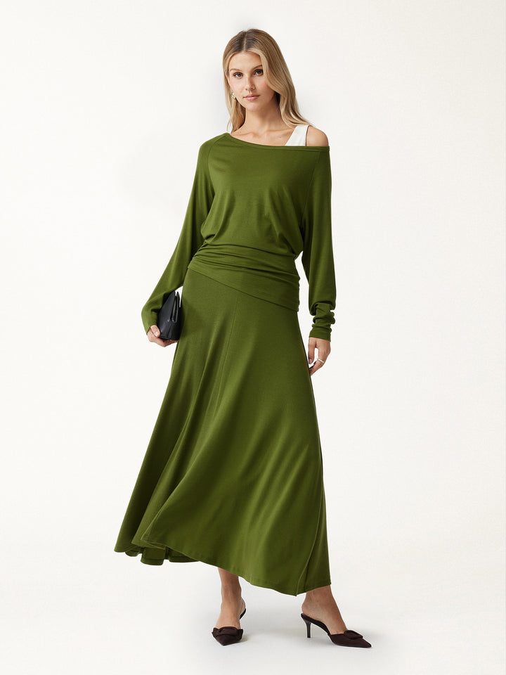 2Pcs Set LiteWarm Boatneck Off-Shoulder Ruched Top & Lyocell-Cashmere Blend Mid-Rise Umbrella Maxi Skirt