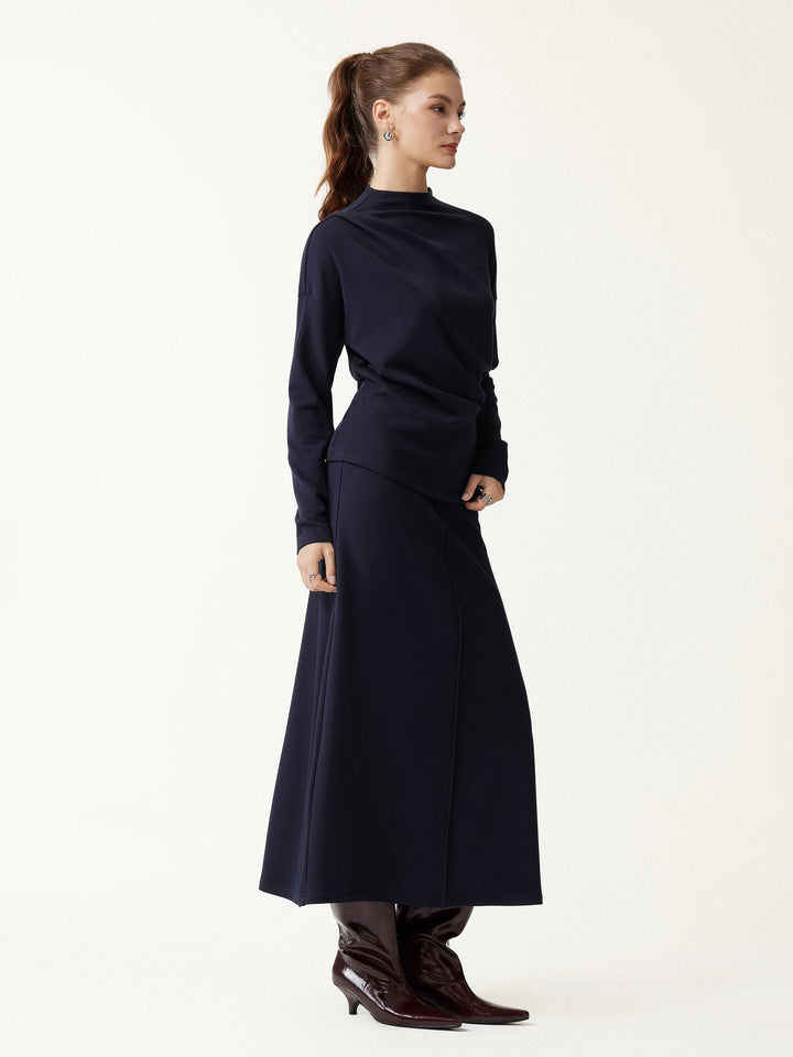 2Pcs Set Prowarm Mock Neck Long Sleeve Top & Mid-Rise A-Line Midi Skirt