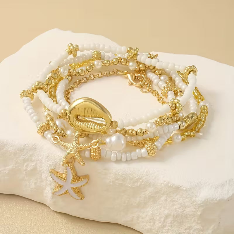 Close-up of the pearl beads on one bracelet from the set