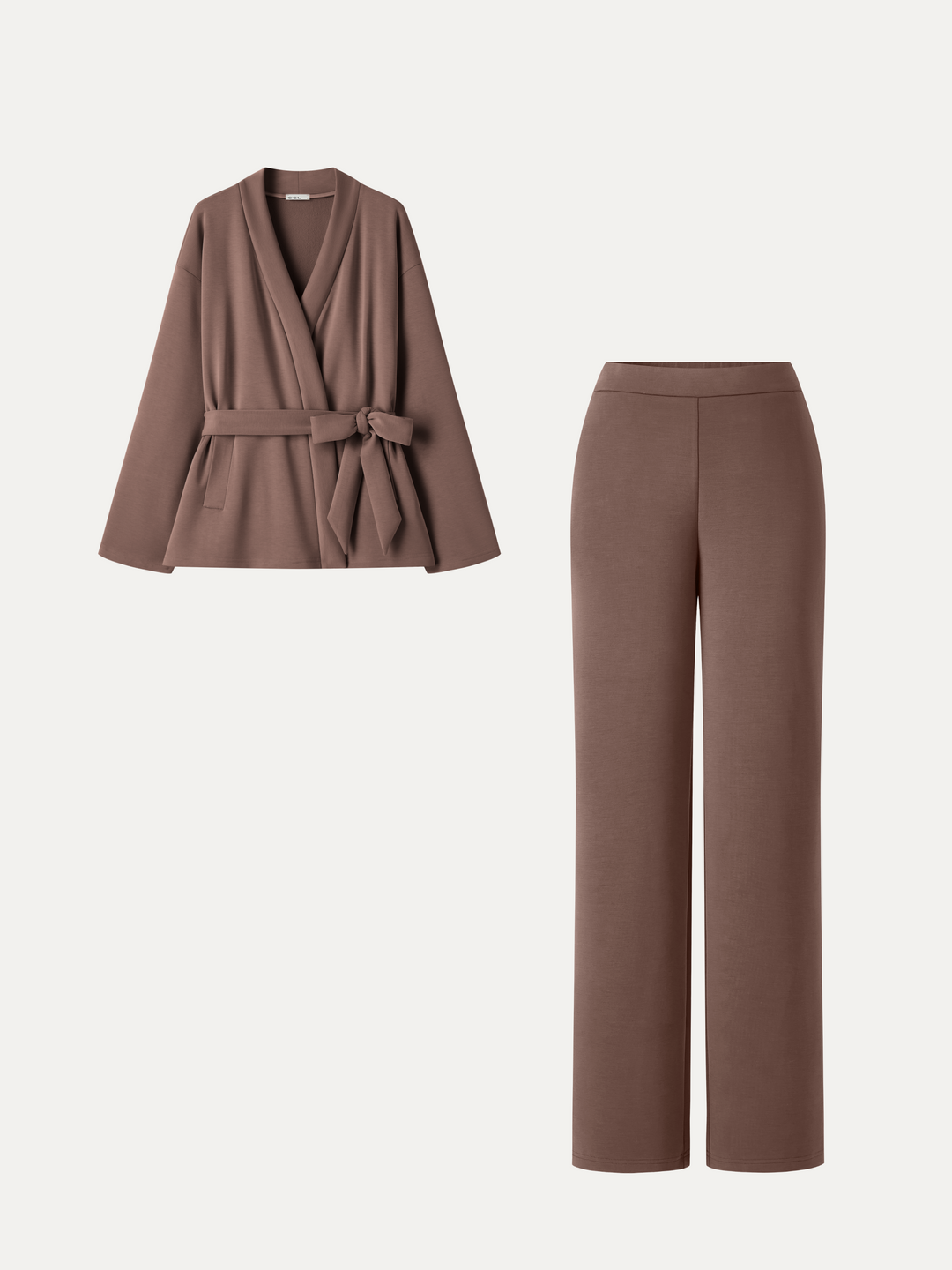 2Pcs Set MaxWarm Belted Wrap Cardigan Coat with Poclets & High-Rise Straight-Leg Pants with Pockets