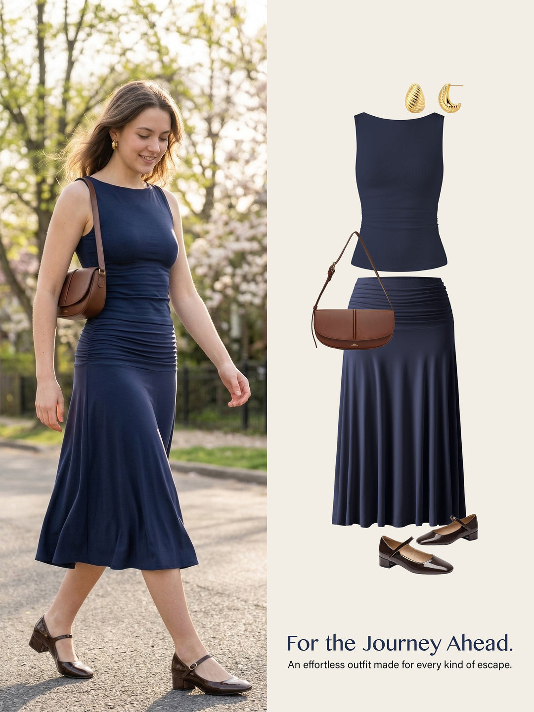 2Pcs Set Open Back Built-In Bra Tank 2.0 & Side Ruched A-line Midi Skirt