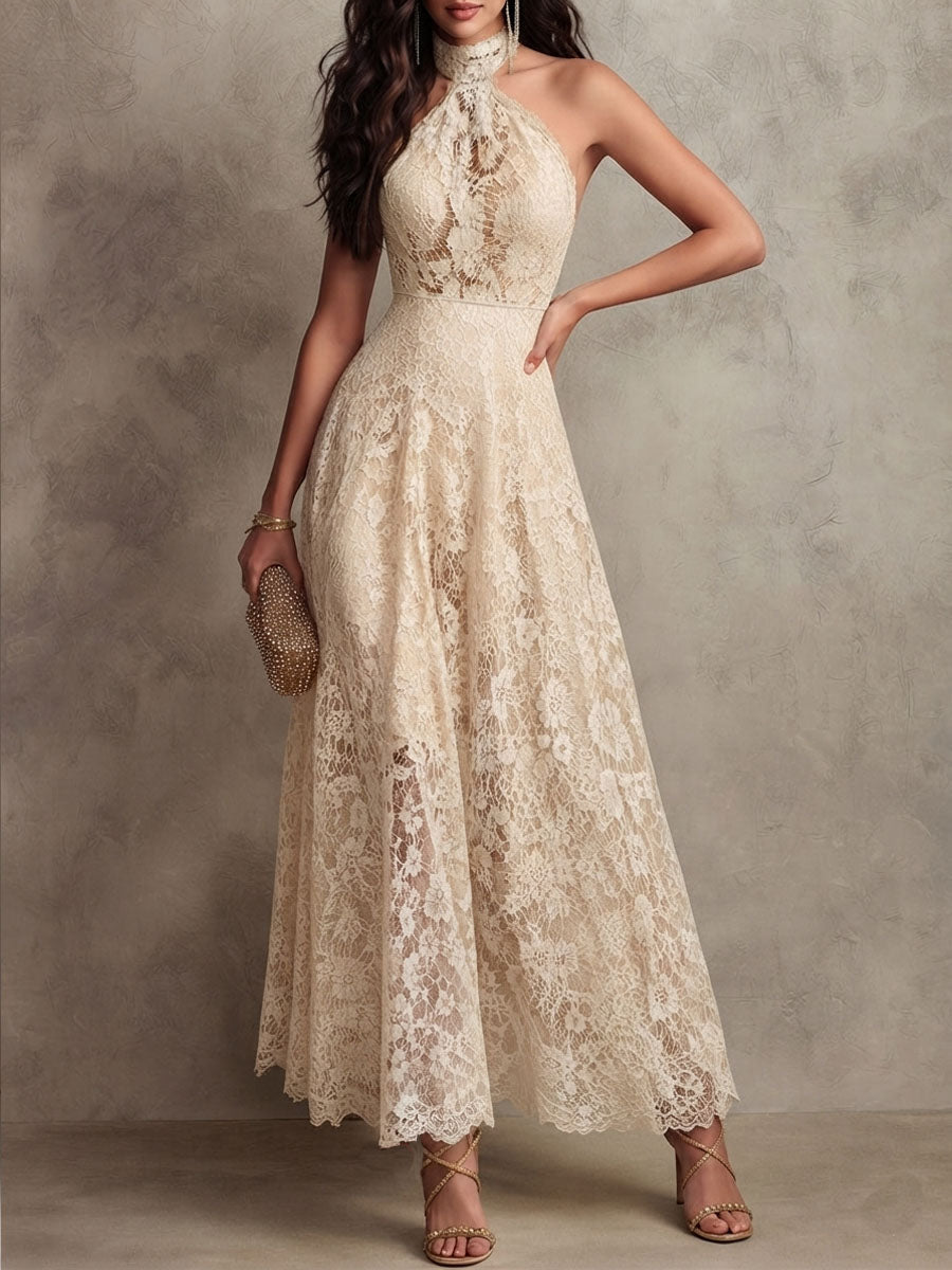 Retro Eelgant Ivory Lace Halter Evening Maxi Dress