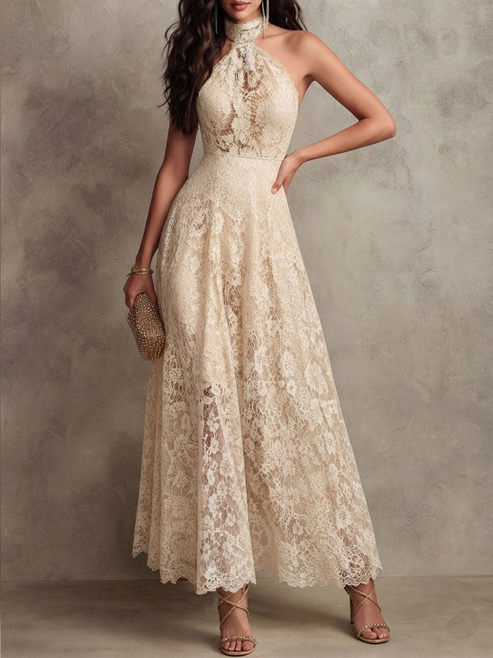 Retro Eelgant Ivory Lace Halter Evening Maxi Dress