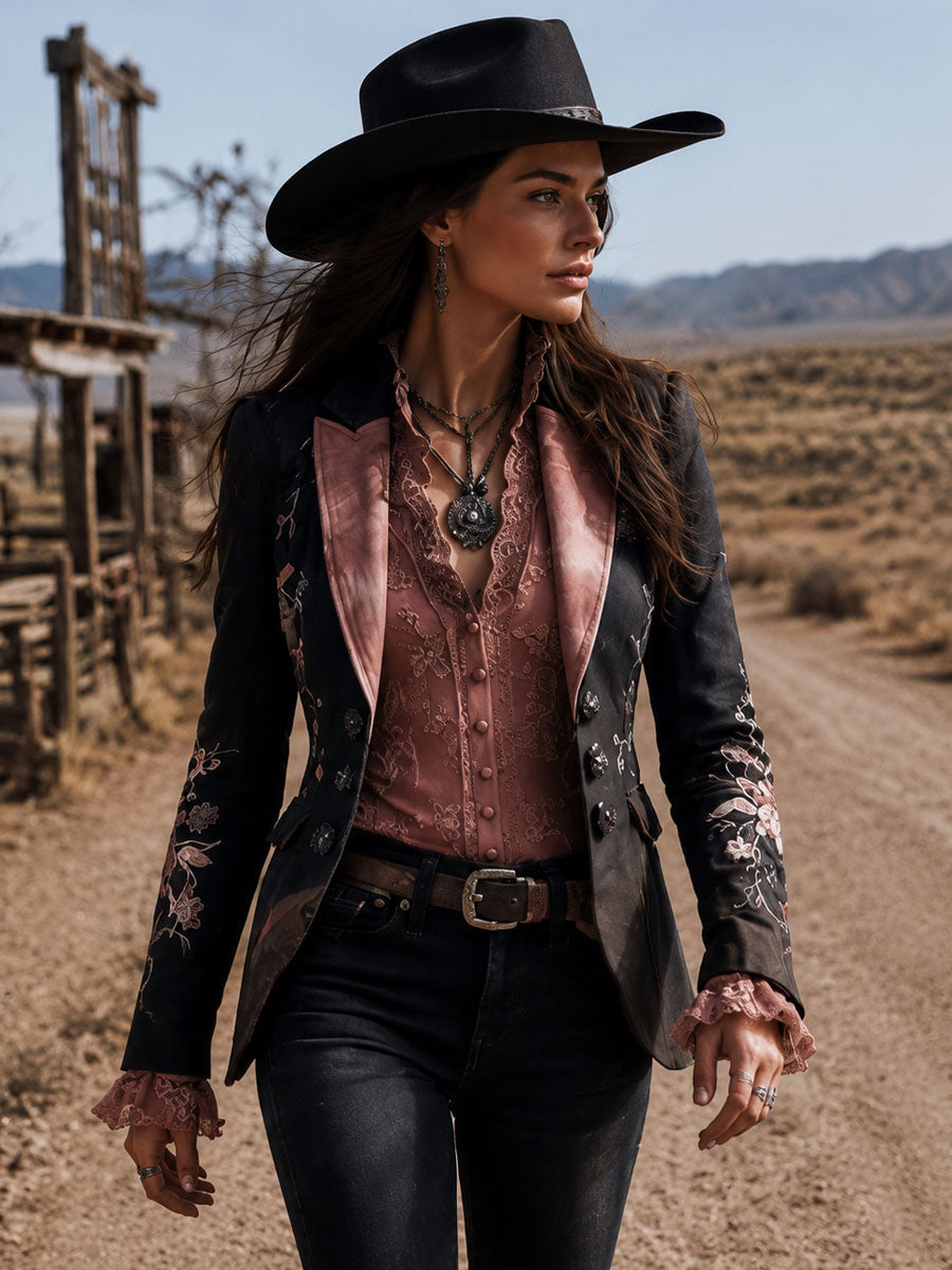Retro Black Floral Embroidered Pink Satin Lapel Blazer | Harry & Kate London