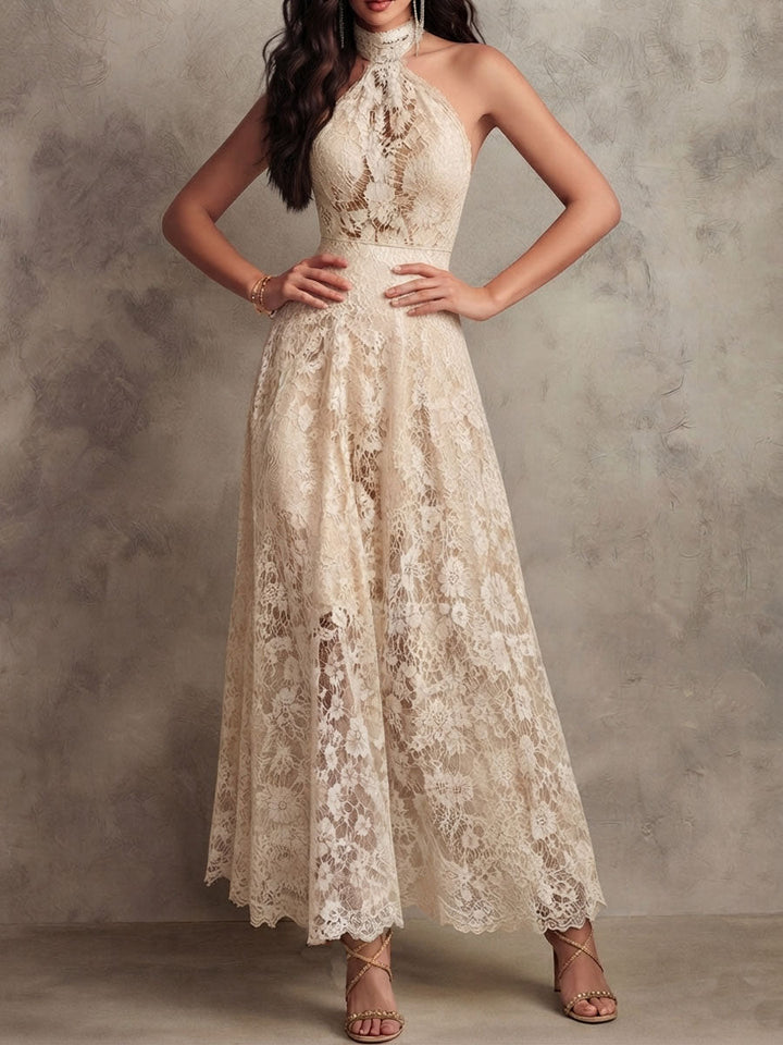 Retro Eelgant Ivory Lace Halter Evening Maxi Dress