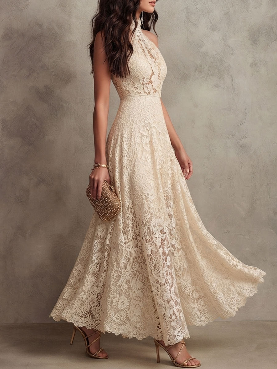 Retro Eelgant Ivory Lace Halter Evening Maxi Dress
