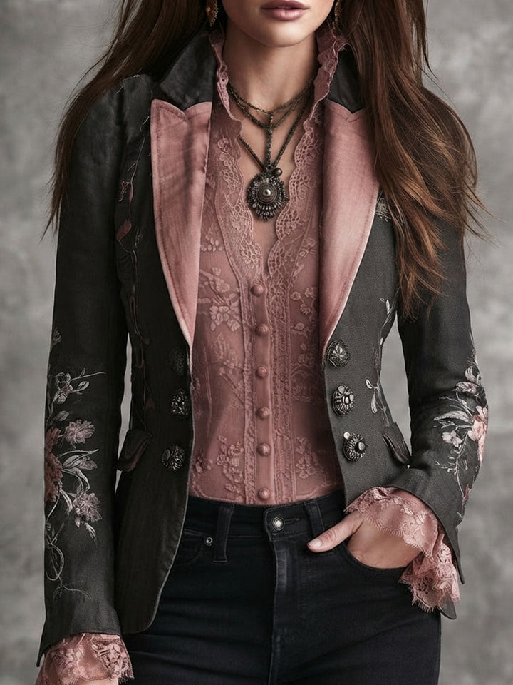Retro Black Floral Embroidered Pink Satin Lapel Blazer | Harry & Kate London