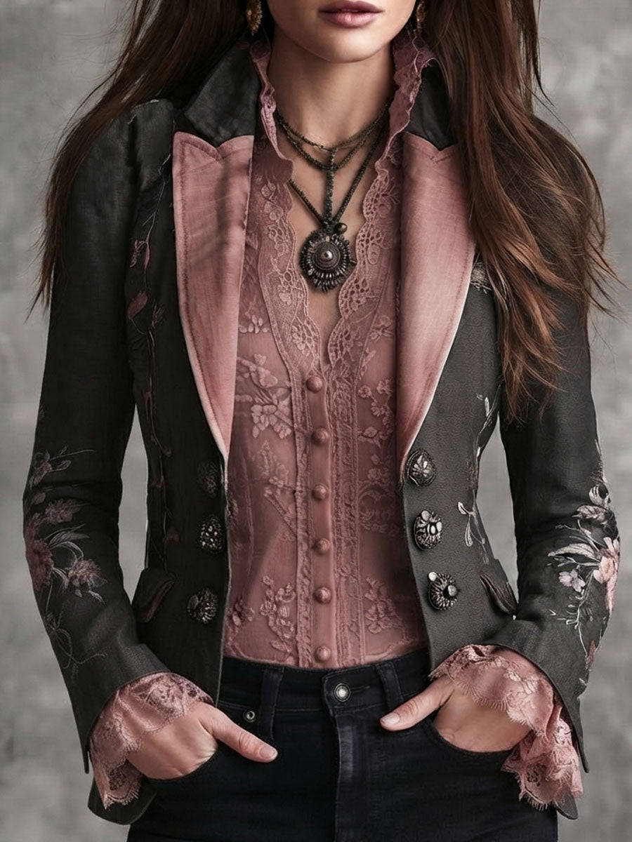 Retro Black Floral Embroidered Pink Satin Lapel Blazer | Harry & Kate London
