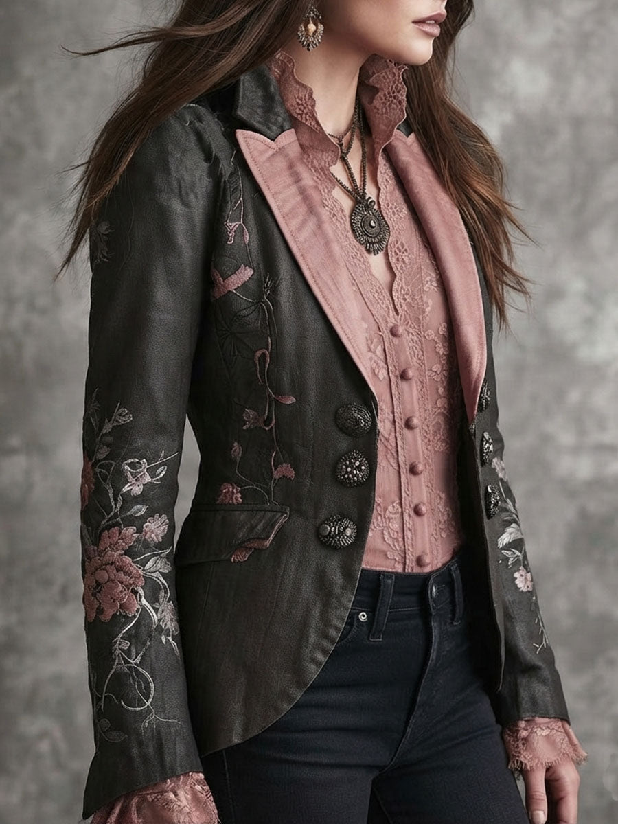 Retro Black Floral Embroidered Pink Satin Lapel Blazer | Harry & Kate London