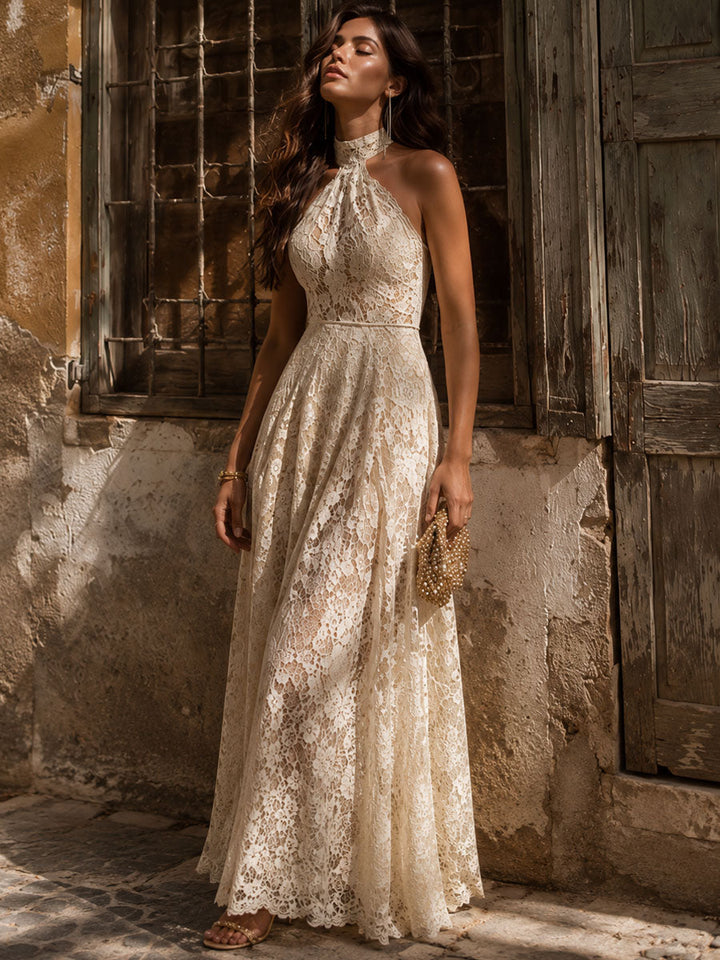 Retro Eelgant Ivory Lace Halter Evening Maxi Dress