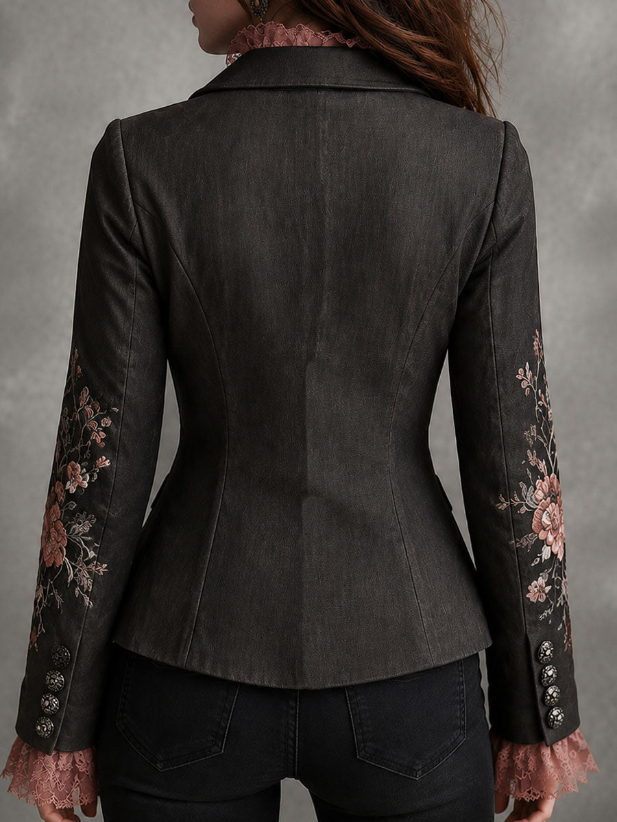 Retro Black Floral Embroidered Pink Satin Lapel Blazer | Harry & Kate London