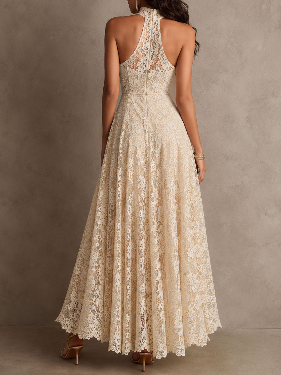 Retro Eelgant Ivory Lace Halter Evening Maxi Dress