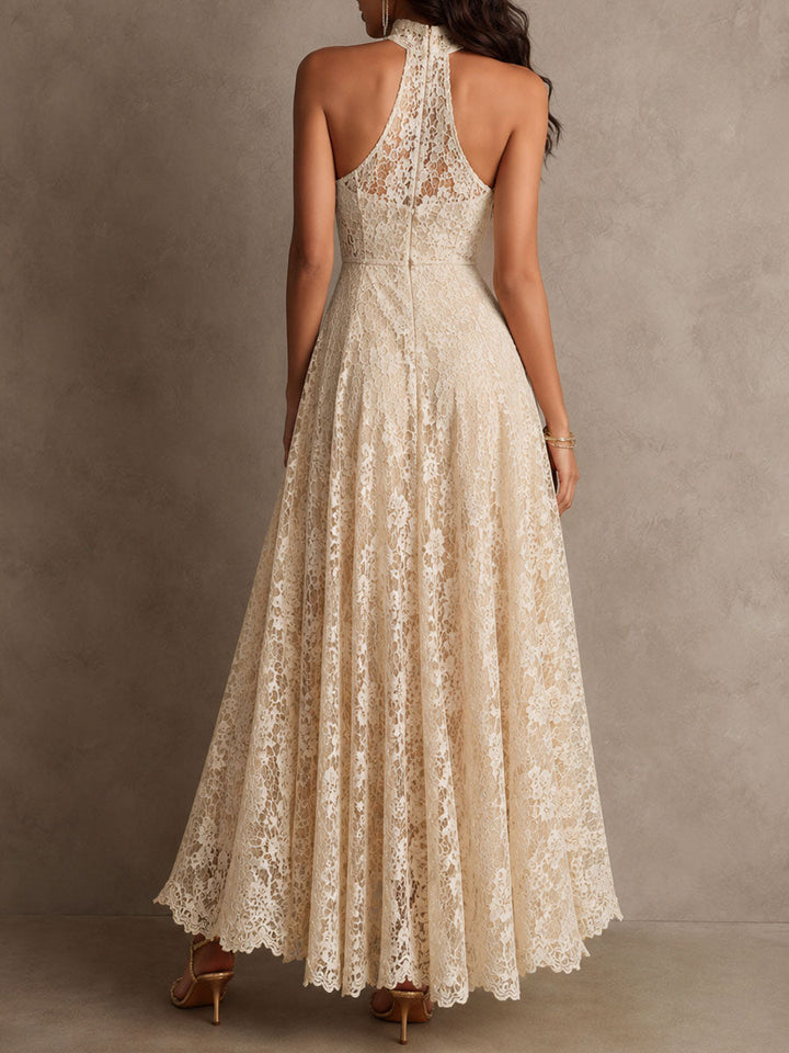 Retro Eelgant Ivory Lace Halter Evening Maxi Dress