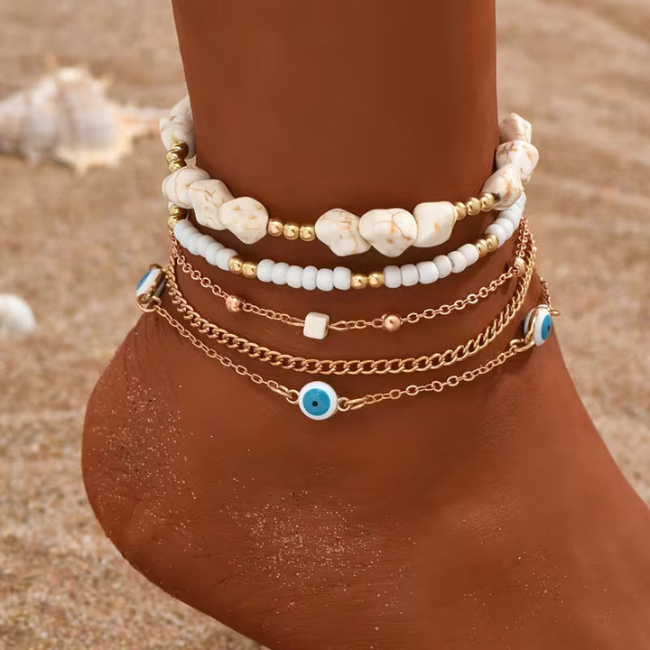 Main shot of the boho pearl beaded anklet set