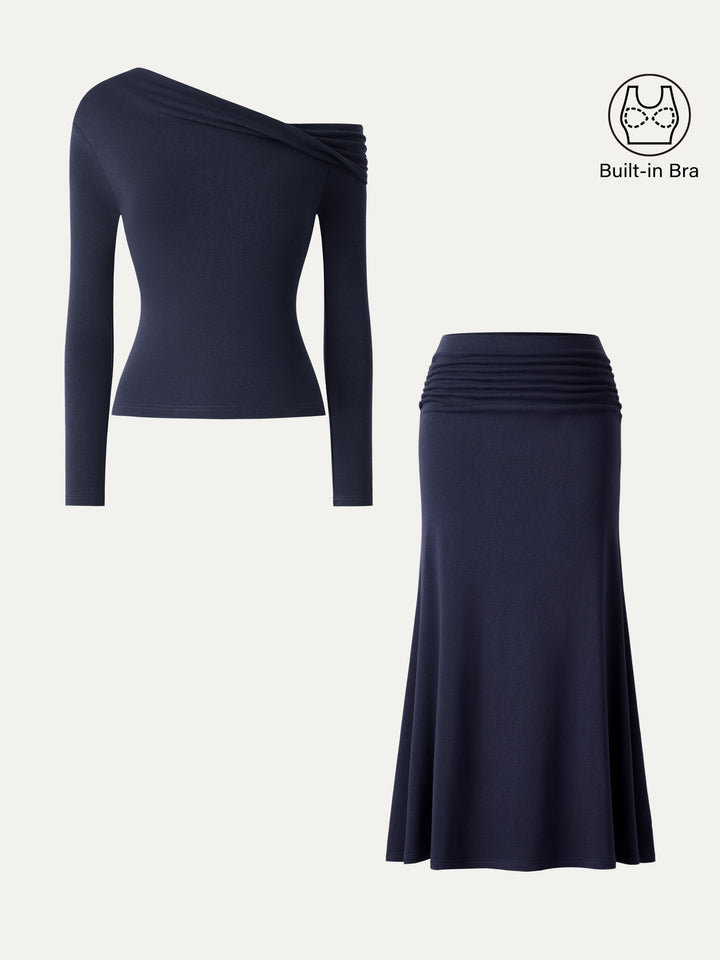 2Pcs Set Prowarm Neck  Built-In Bra Top 3.0 & Mid-Rise Ruched Flared Midi Skirt