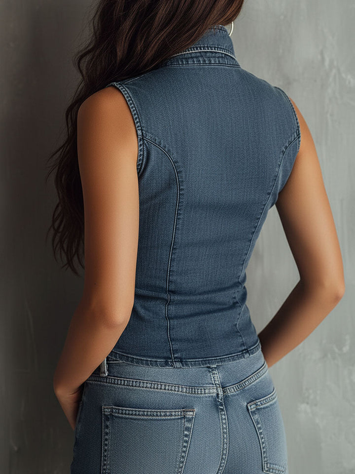 Retro Blue Ruched Denim Sleeveless Shirt