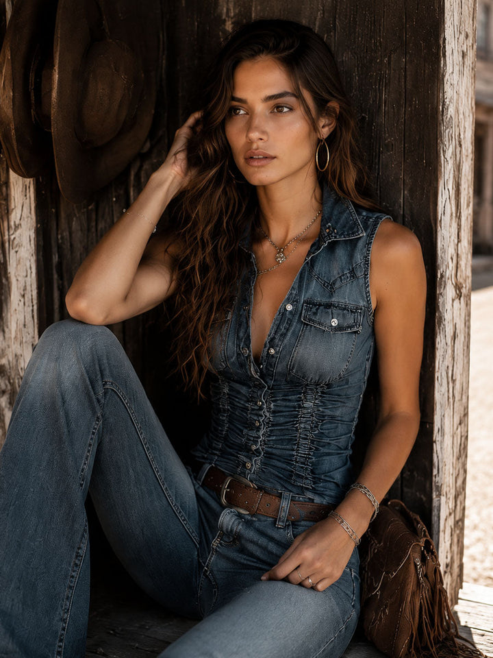 Retro Blue Ruched Denim Sleeveless Shirt