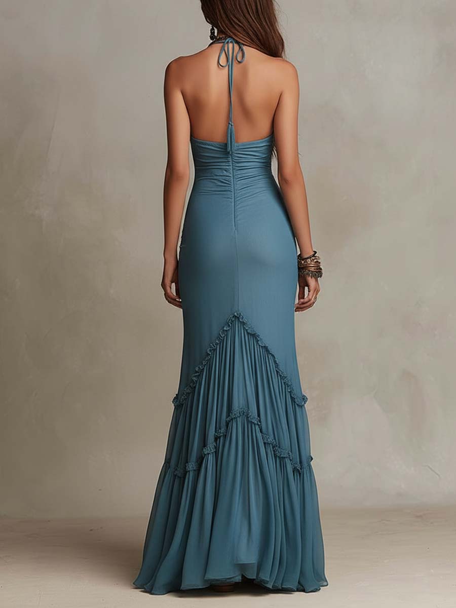 Bohemian Chiffon Spaghetti Strap Ruched Mermaid Maxi Dress