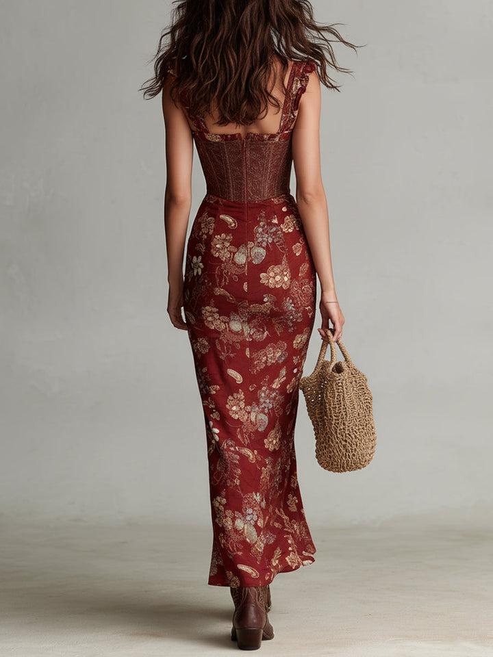 Corset-Style Floral Print High-Slit Maxi Dress