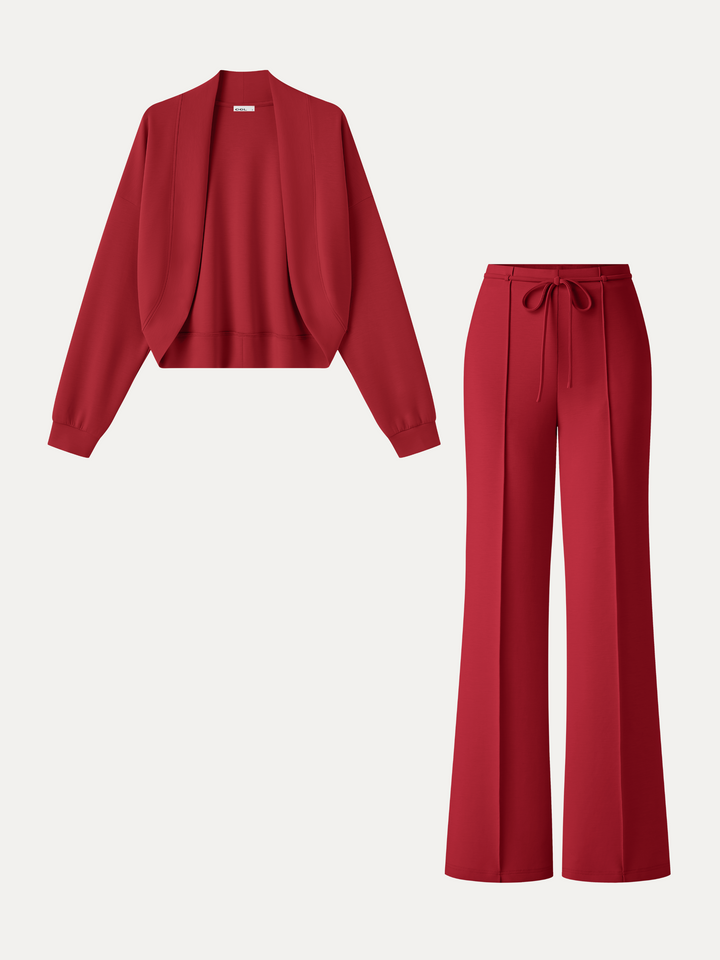 2Pcs Set Long Sleeve Drop-Shoulder Cardigan & High-Rise Flare Pants with Pockets