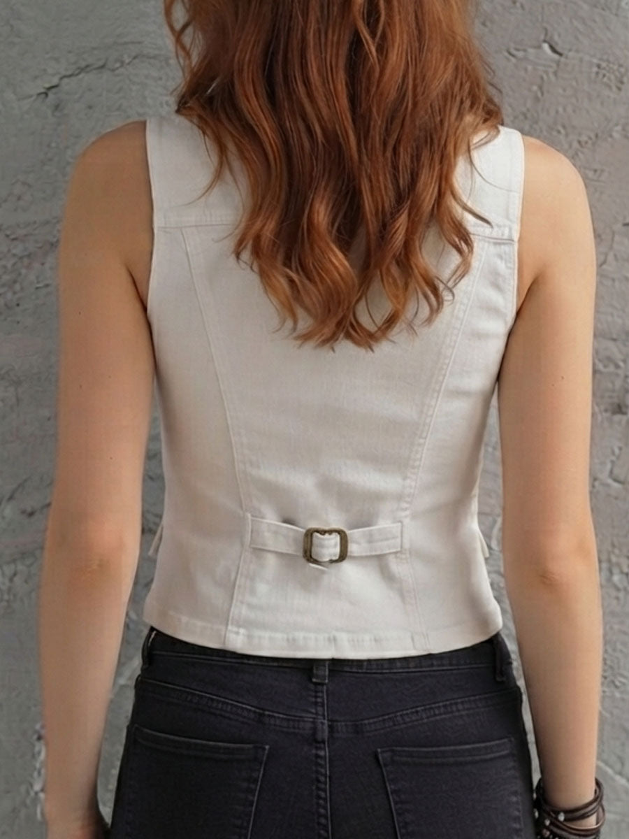 Retro Elegant White Denim Notched Lapel Tailored Corset Vest | Harry & Kate London