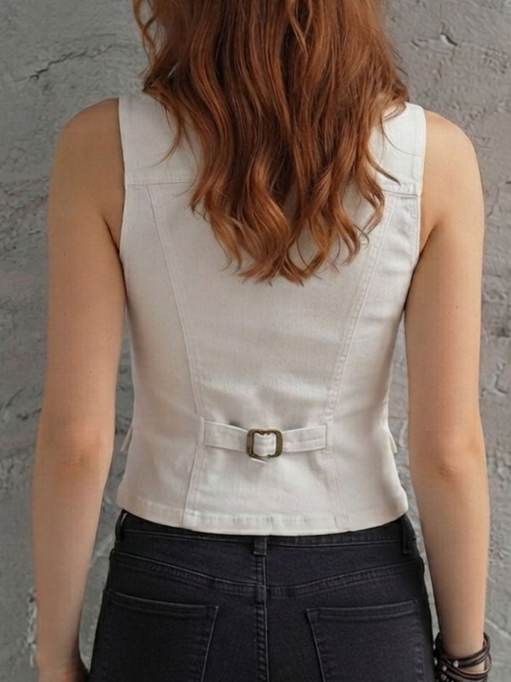Retro Elegant White Denim Notched Lapel Tailored Corset Vest | Harry & Kate London