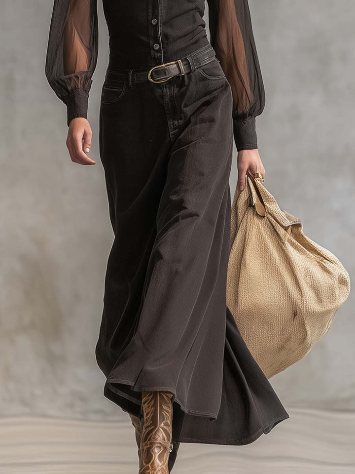 Evelyn western denim maxi dress back – black denim length women