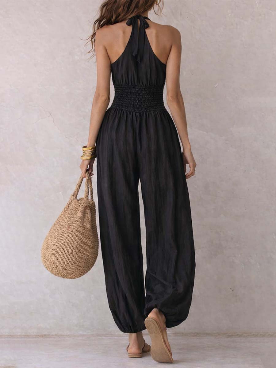 Bohemian Halter Keyhole Balloon-Leg Jumpsuit