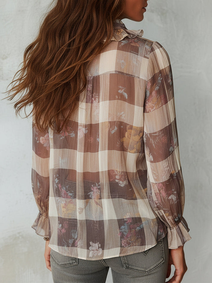 Bohemian Plaid Floral Chiffon Print Blouse With Ruffles | Harry & Kate London