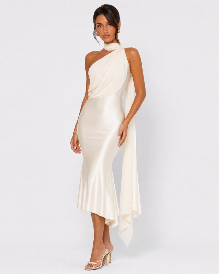 Seraphina Satin Midi — women's midi dress, close view of the hem