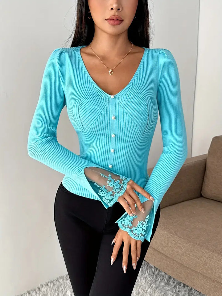 Skylar | Women's Ribbed Knit V-Neck Sweater with Pearl Buttons and Lace Cuffs