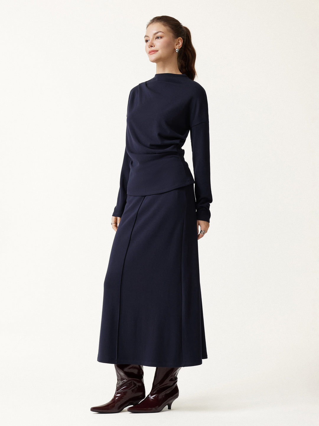 2Pcs Set Prowarm Mock Neck Long Sleeve Top & Mid-Rise A-Line Midi Skirt