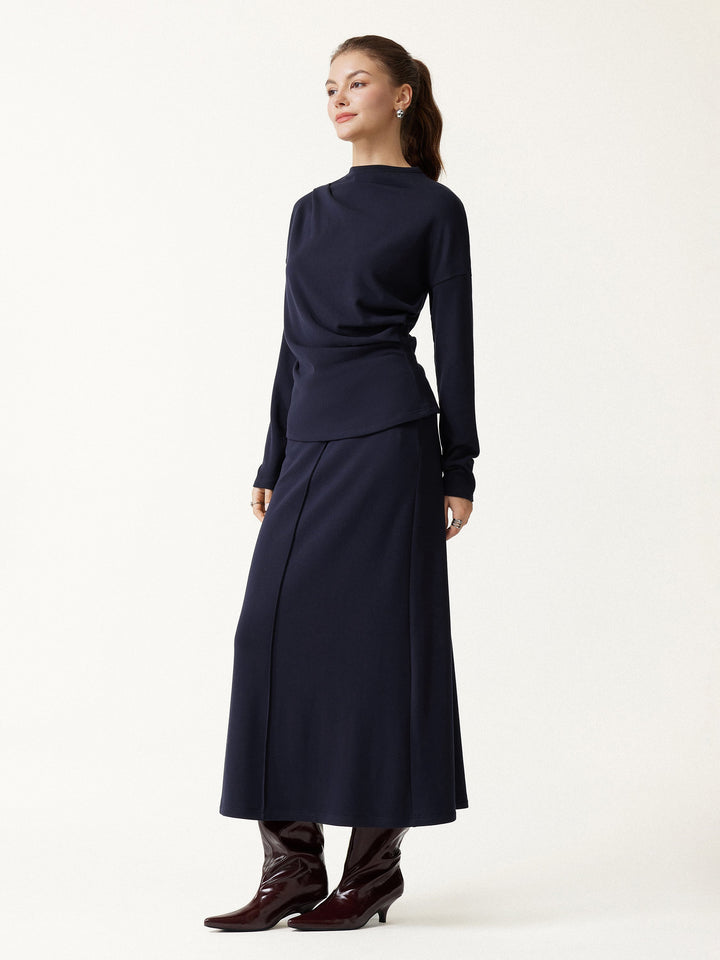 2Pcs Set Prowarm Mock Neck Long Sleeve Top & Mid-Rise A-Line Midi Skirt