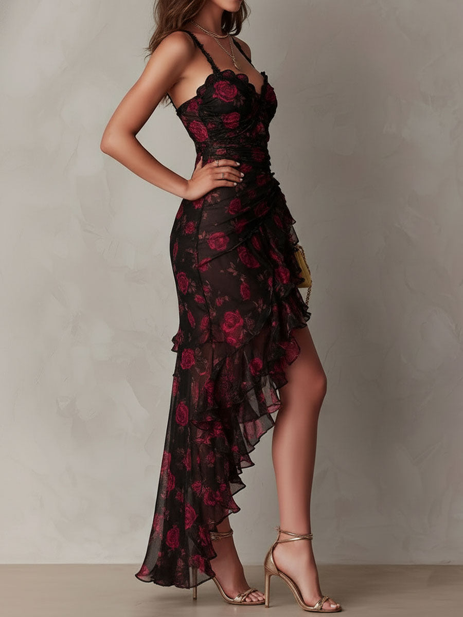 Boho Chic Black And Red Floral Ruched Lace-Trim Ruffle Hem Dress