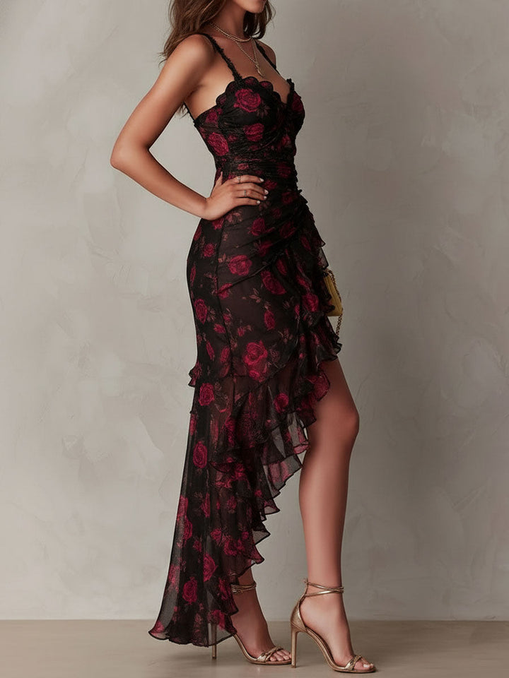 Boho Chic Black And Red Floral Ruched Lace-Trim Ruffle Hem Dress