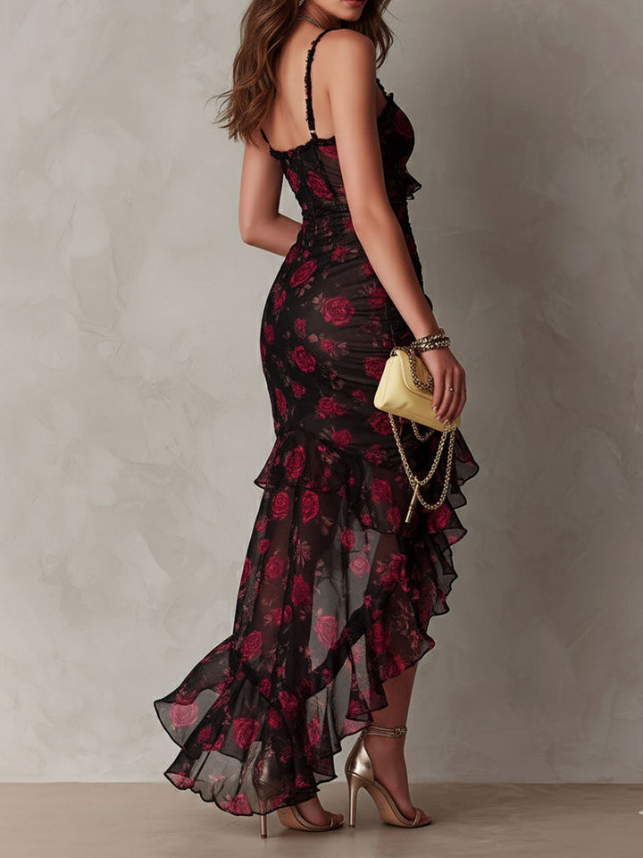 Boho Chic Black And Red Floral Ruched Lace-Trim Ruffle Hem Dress