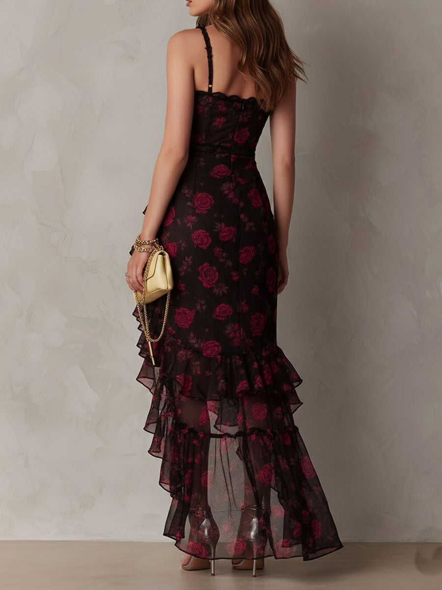 Boho Chic Black And Red Floral Ruched Lace-Trim Ruffle Hem Dress