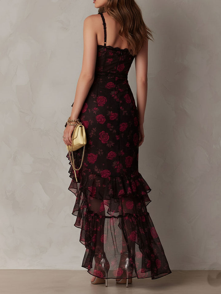 Boho Chic Black And Red Floral Ruched Lace-Trim Ruffle Hem Dress