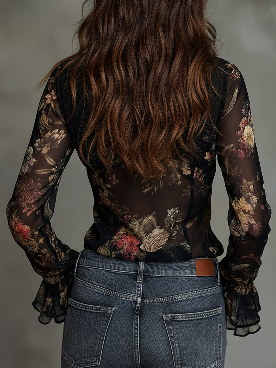 Vintage-style Printed Chiffon Blouse With Ruffles | Harry & Kate London