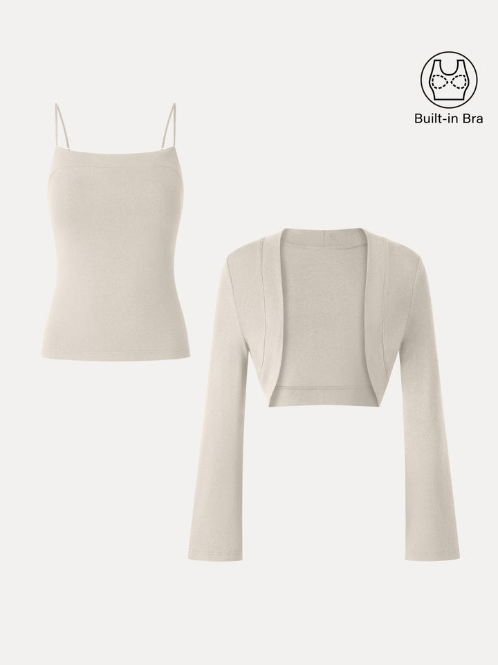 2-Piece Top Set LiteWarm Square Neck Spaghetti Strap Bell Sleeve Built-In Bra Cami 2.0