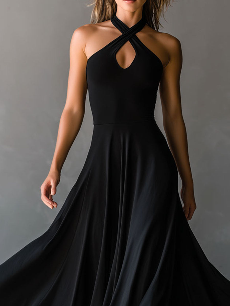 Retro Black Halter Cross Tie-back A-Line Midi Dress
