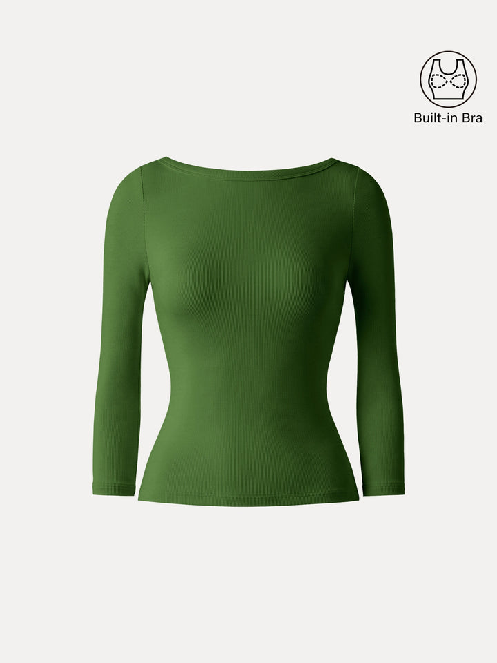 Plantive® Boatneck 3/4 Sleeve Built-In Bra Top 2.0