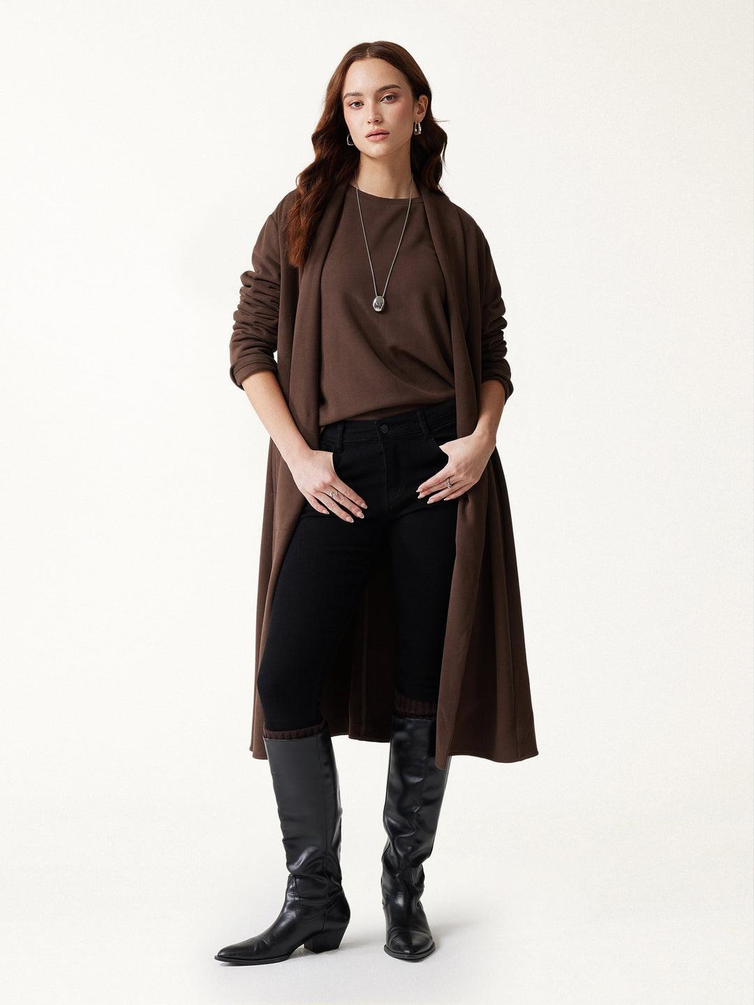2Pcs Set MaxWarm Shawl Collar Long Sleeve Midi Cardigan with Pockets & Boatneck Long Sleeve Textured Top