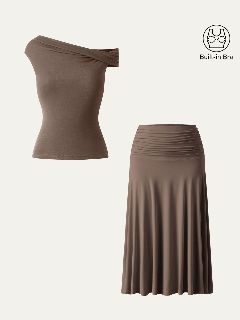 2Pcs Set Multi-wear Built-In Bra Top 2.0 & Side Ruched A-line Midi Skirt — women's women > bundles&sets > bundles, back view