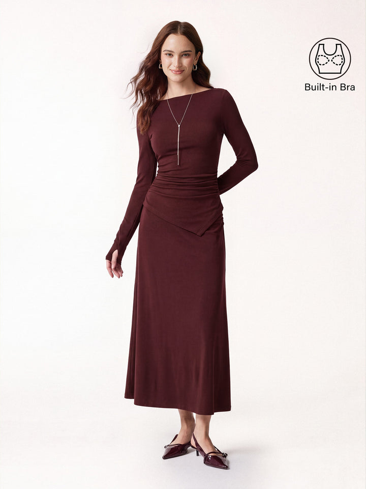 2Pcs Set Asymmetrical Built-In Bra Top 2.0 & Mid-Rise Ruched Flared Midi Skirt