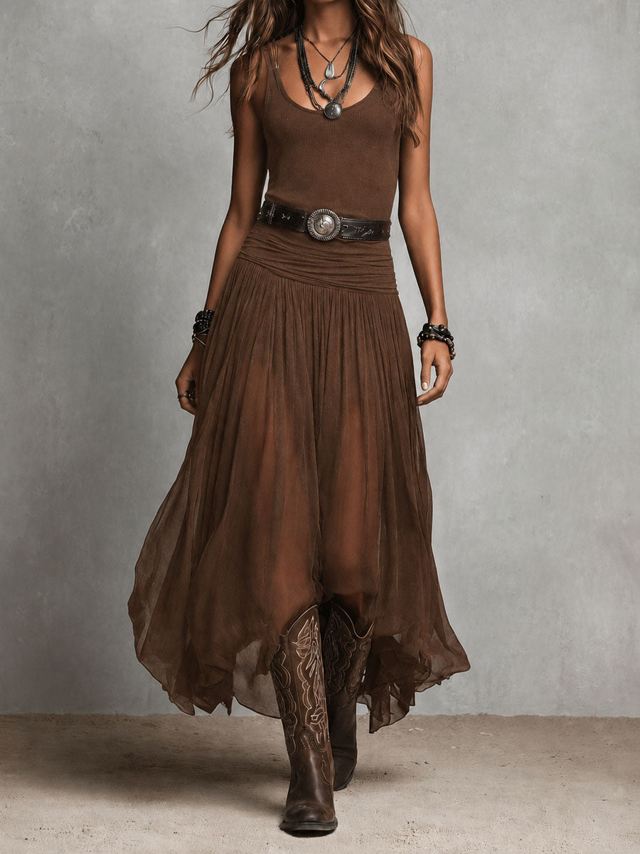Boho Western Black  Stretchy Maxi  Dress With Sheer Skirt