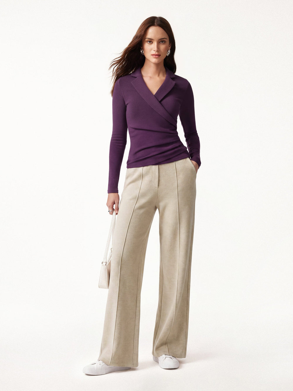 2Pcs Set Collared Surplice Top & High Waisted Straight Leg Pull On Pant — women's women > bundles&sets > bundles, back view