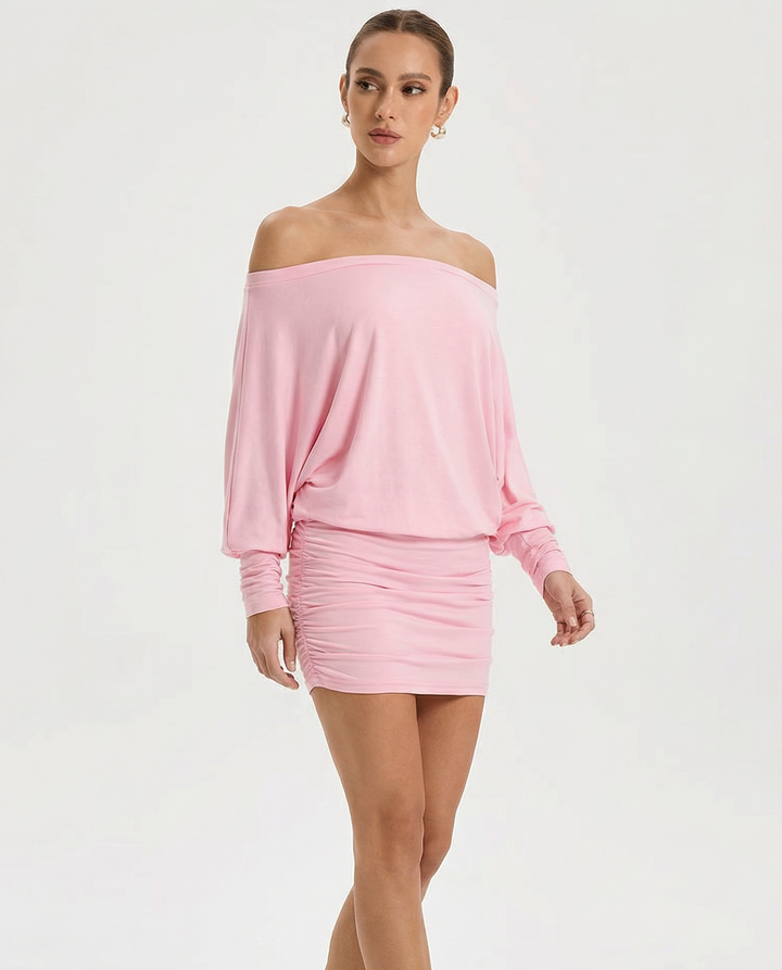 ARIA SOLA Ruched Mini Dress - women's mini dress, model wearing it, three-quarter view