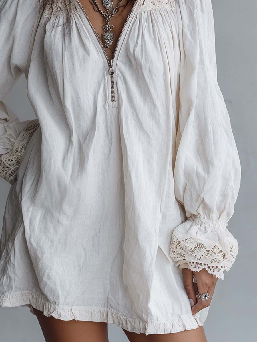 Vintage-style Zip-up Collar Lace-trimmed White Mini Dress | Harry & Kate London